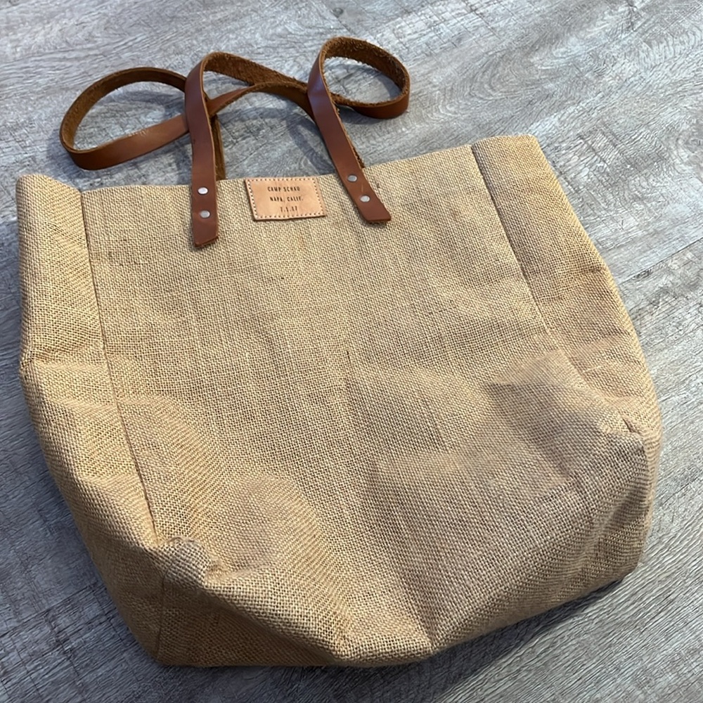 Apolis global citizen Stylish burlap jute market tote bag purse  leather straps